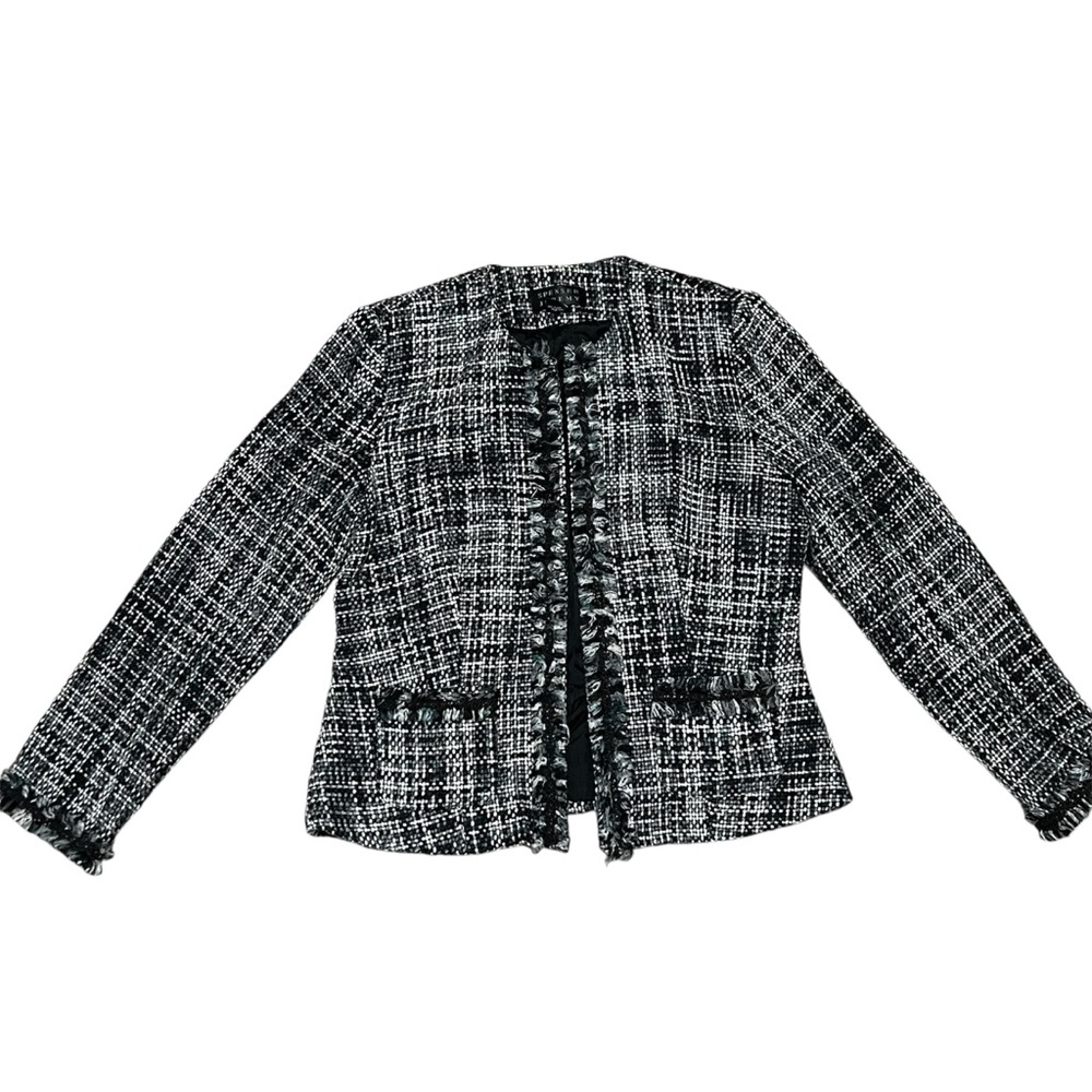 Spenser Jeremy M Blazer Black/White Tweed Shoulder Pad Fringe Detail
